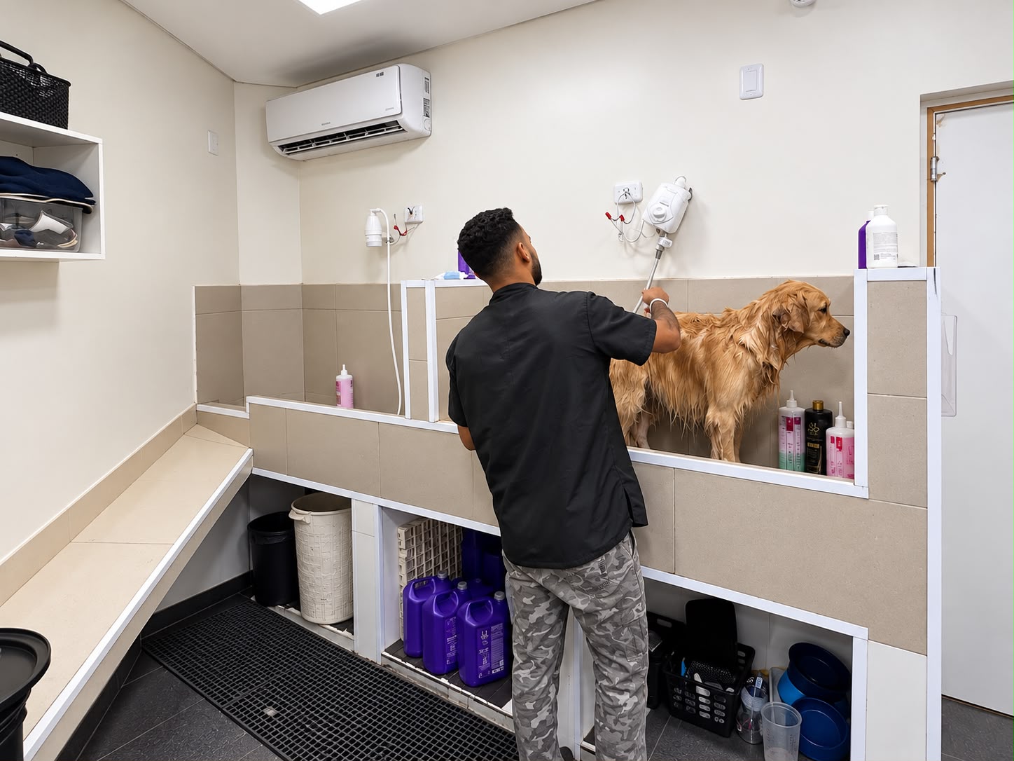 Profissional realizando o banho de um cão na área de banho e tosa