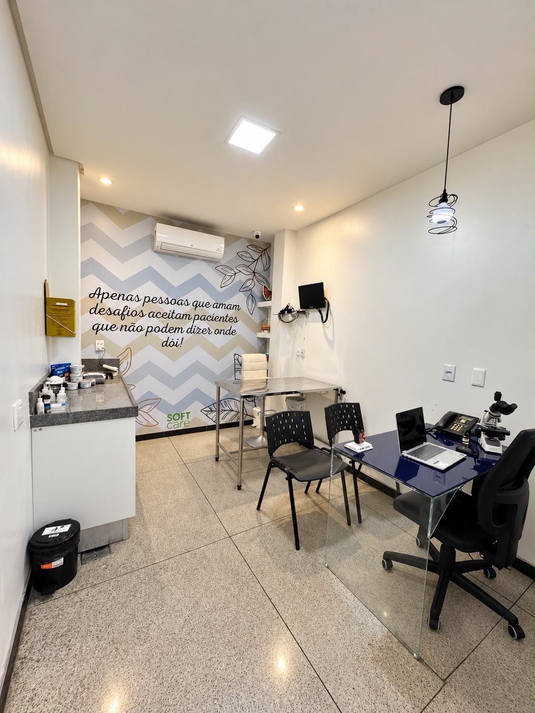 Sala de atendimento veterinário com mesa clínica e mensagem de acolhimento na parede